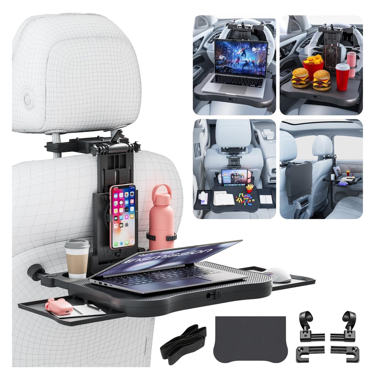 GUANGHUI Large Car Desk for Laptop | Steering Wheel Tray Table | Foldable Back Headrest Seat Eating Food Trays with Drinks Cupholder Phone Tablet Holder for Kids |Car Travel Essentials for Long Trips