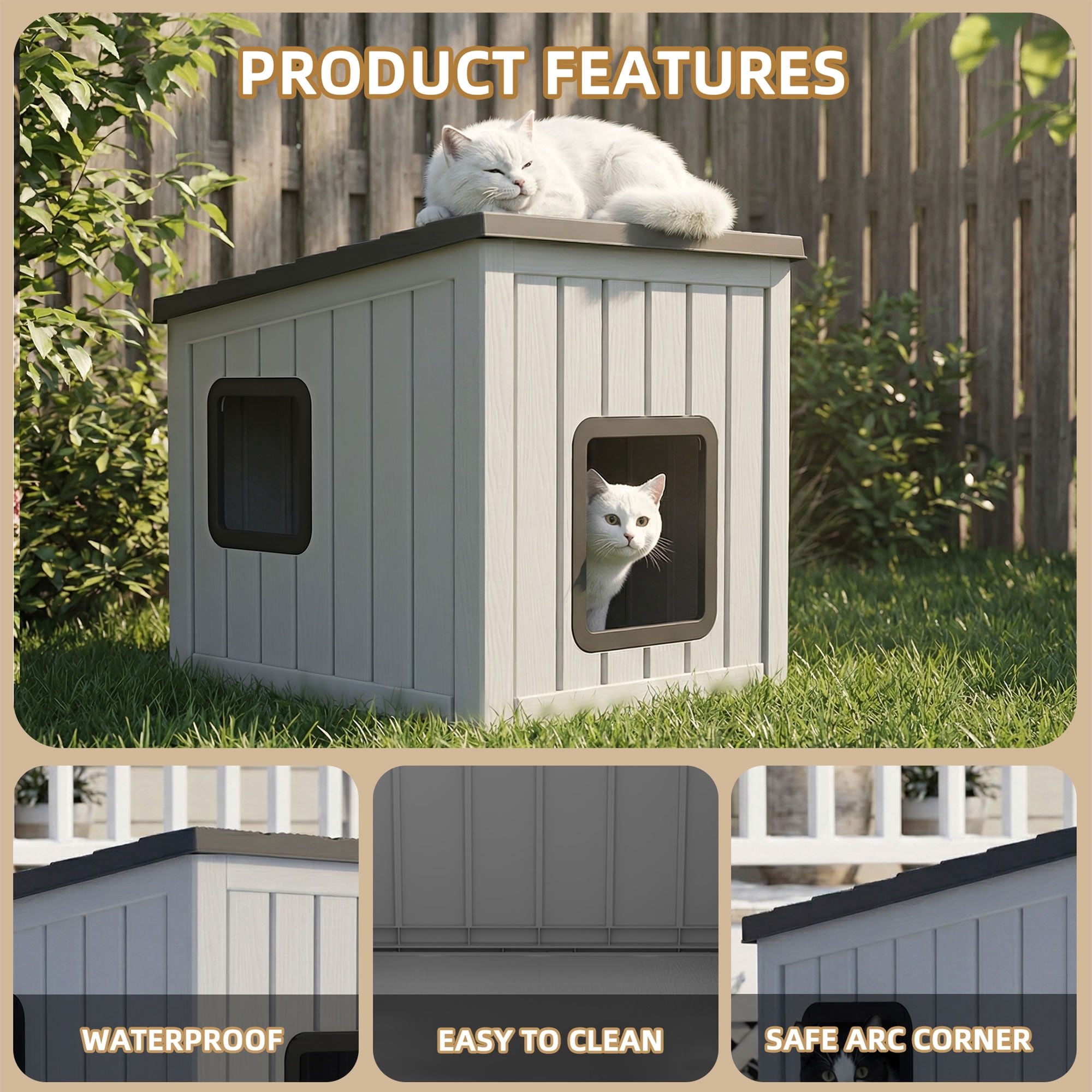 MAYEERTY Dual-Door Cat House for Indoor & Outdoor, Rain-Resistant Sloped Roof Pet Retreat with Easy-Clean Leak Holes