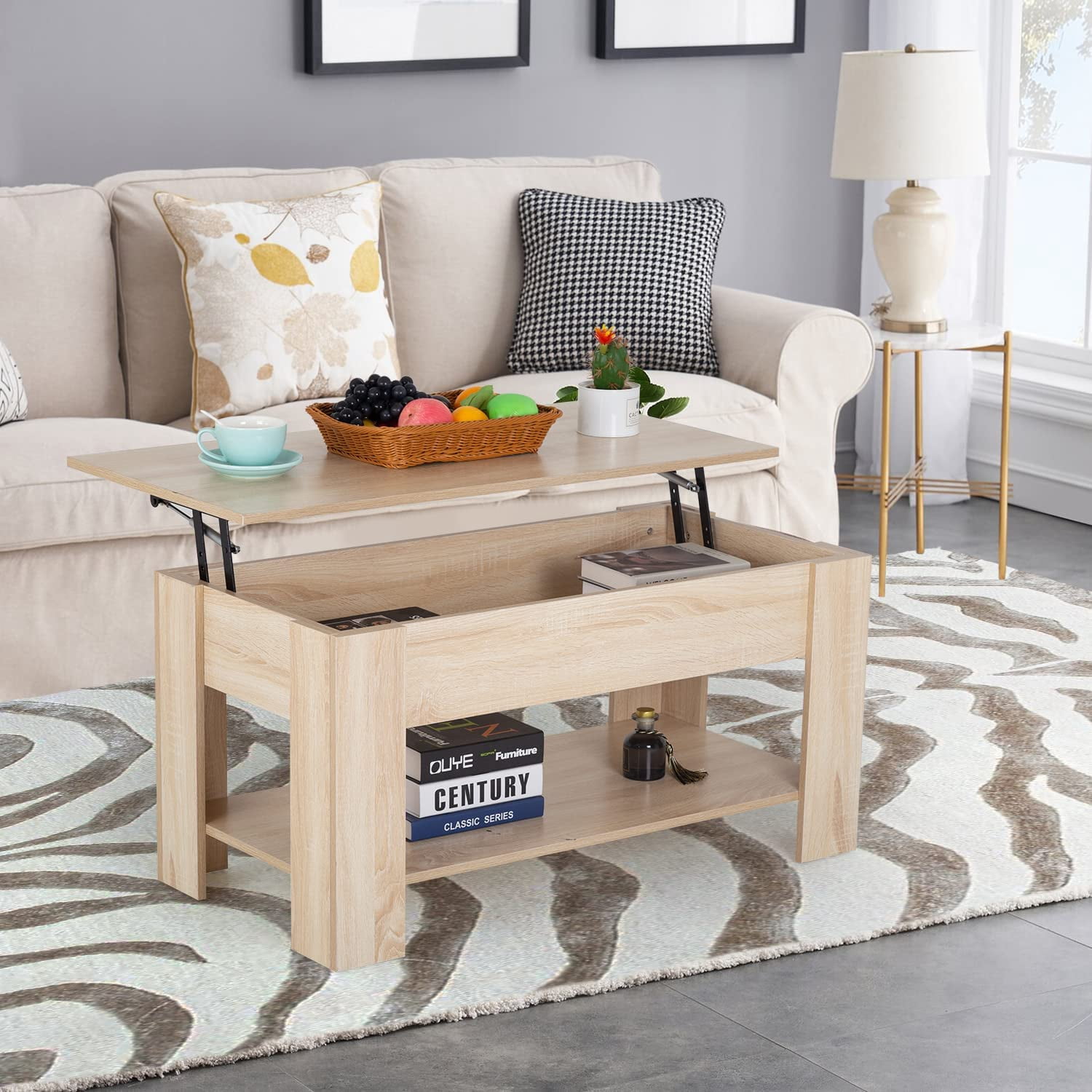 FDW Lift Top Coffee Table with Hidden Compartment and Storage Shelf Wooden Lift Tabletop(Grey)
