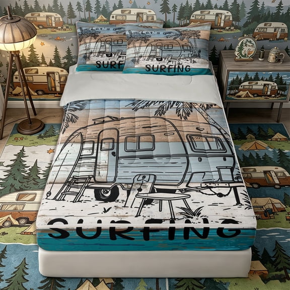 Castle Fairy Surf Camper Art Zipper Full Size Comforter Sets with Fitted Sheet and 2 Pillowcases,"Let's Go Surfing" Print Zipper Bedding Set for Bedroom,Blue Brown,4pcs,Grey Reversible