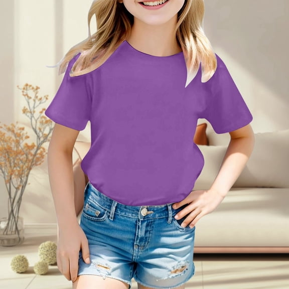 Girls Tshirt Purple Girl Short Sleeve Shirt Round Neck Cute Summer Tops Cute Shirts for Girls 10-11 Years