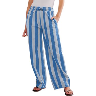 Women's Striped Lounge Pants - Wide Leg Drawstring Trousers With Pockets For Casual Comfort