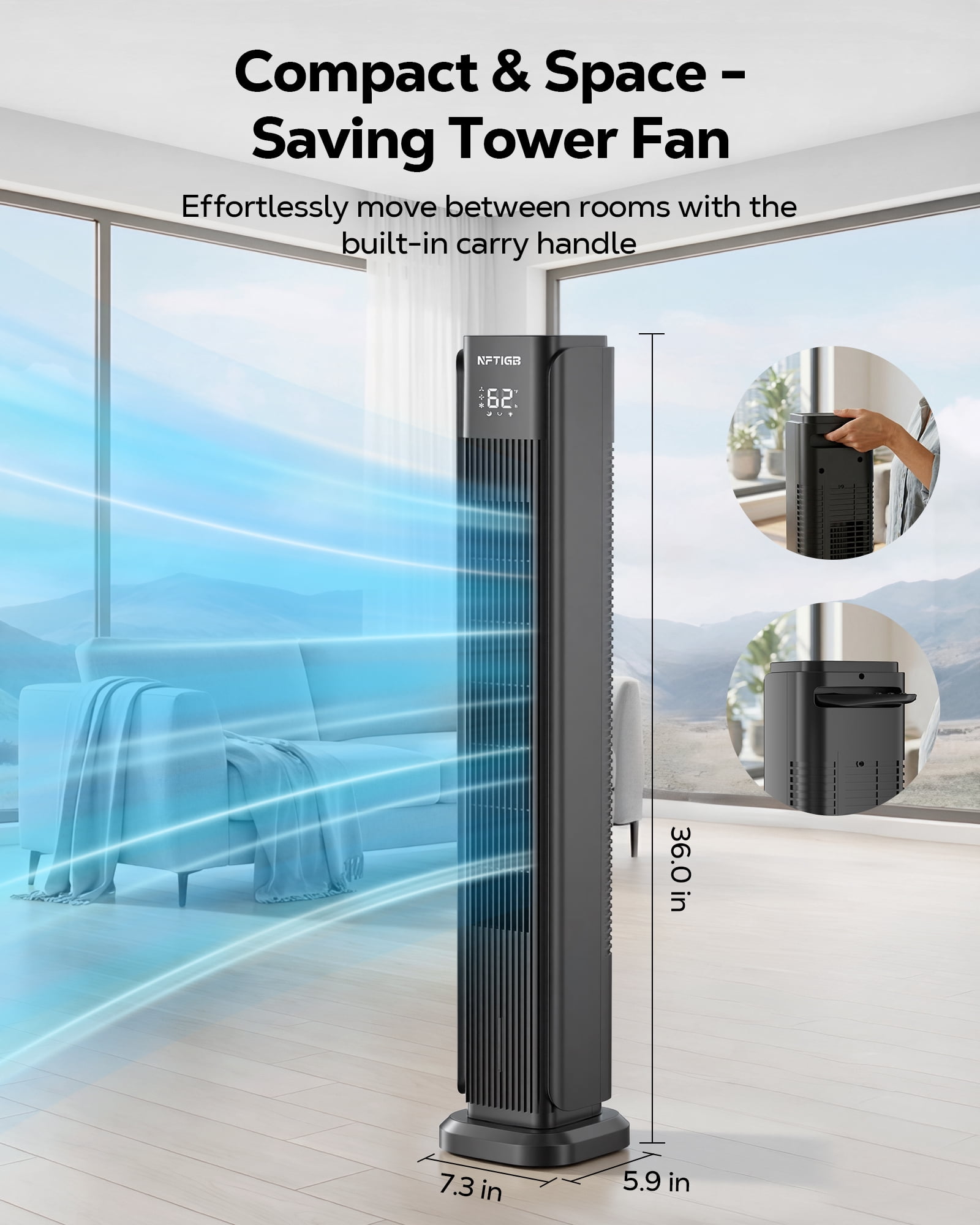 NFTIGB 36-Inch Tower Fan Quiet Oscillating Floor Fan with 3 Speeds, 3 Modes, 12H Timer, Bladeless Standing Fan for Home, Black