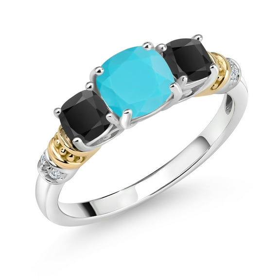Gem Stone King 925 Silver and 10K Yellow Gold Green Turquoise and Black Onyx and Diamond 3-Stone Ring for Women (1.49 Cttw, Gemstone Birthstone, Cushion 6MM and 4MM, Size 7)