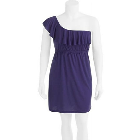 Juniors Plus Knit One Shoulder Ruffle Dr