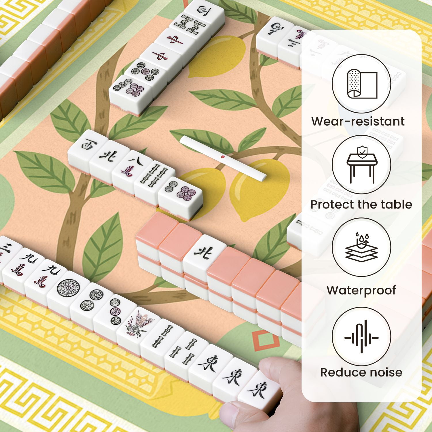 Mahjong Mat 31.5" x 31.5" Blue Bird Lemon Tree Anti-Slip and Noise Reduction Symmetry Design Mahjong Tiles Table Cover for Dominoes Poker Card Board and Tile Games