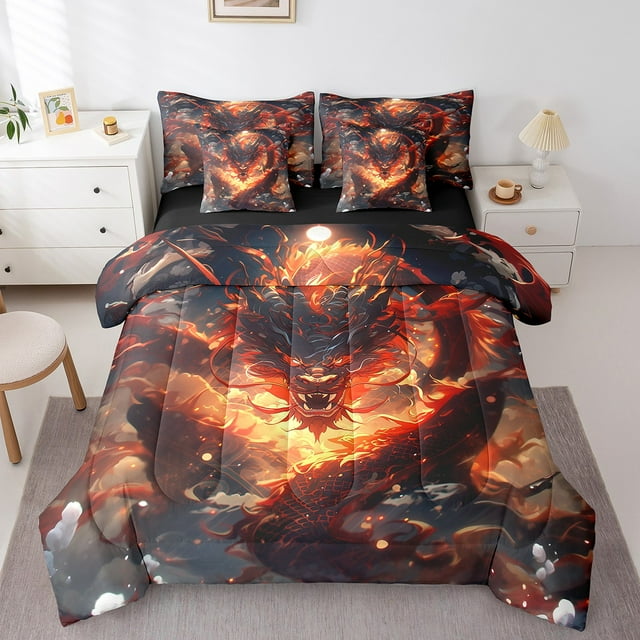 YST Western Dragon 7-Piece Magical Animal Bedding Set, Twin, Black and Red