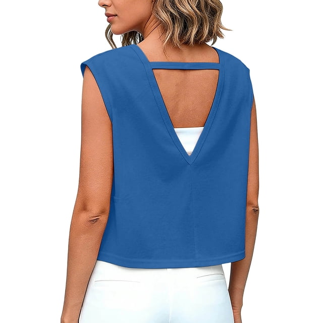 BLVB Womens Open Back Workout Tops Crop Gym Shirts Loose Fit Cap Sleeve Athletic Tee for Running Yoga