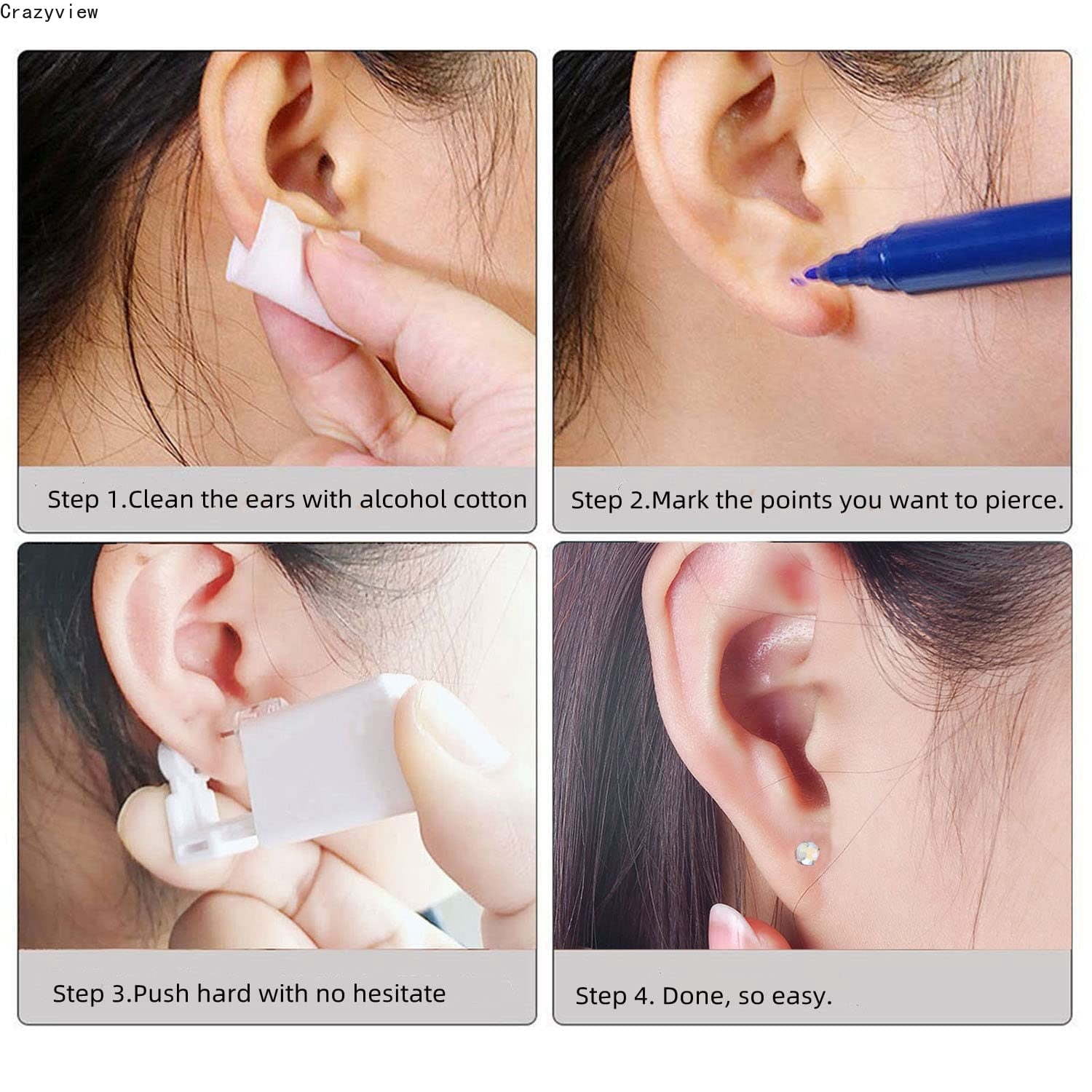 Crazyview 2-Pack-Self-Ear-Piercing-Gun-Earring-Disposable-Piercing-Kit-No-Pain-Easy-Use-Ear-Piercing-Gun-Kit-Tool-with-Stud-White