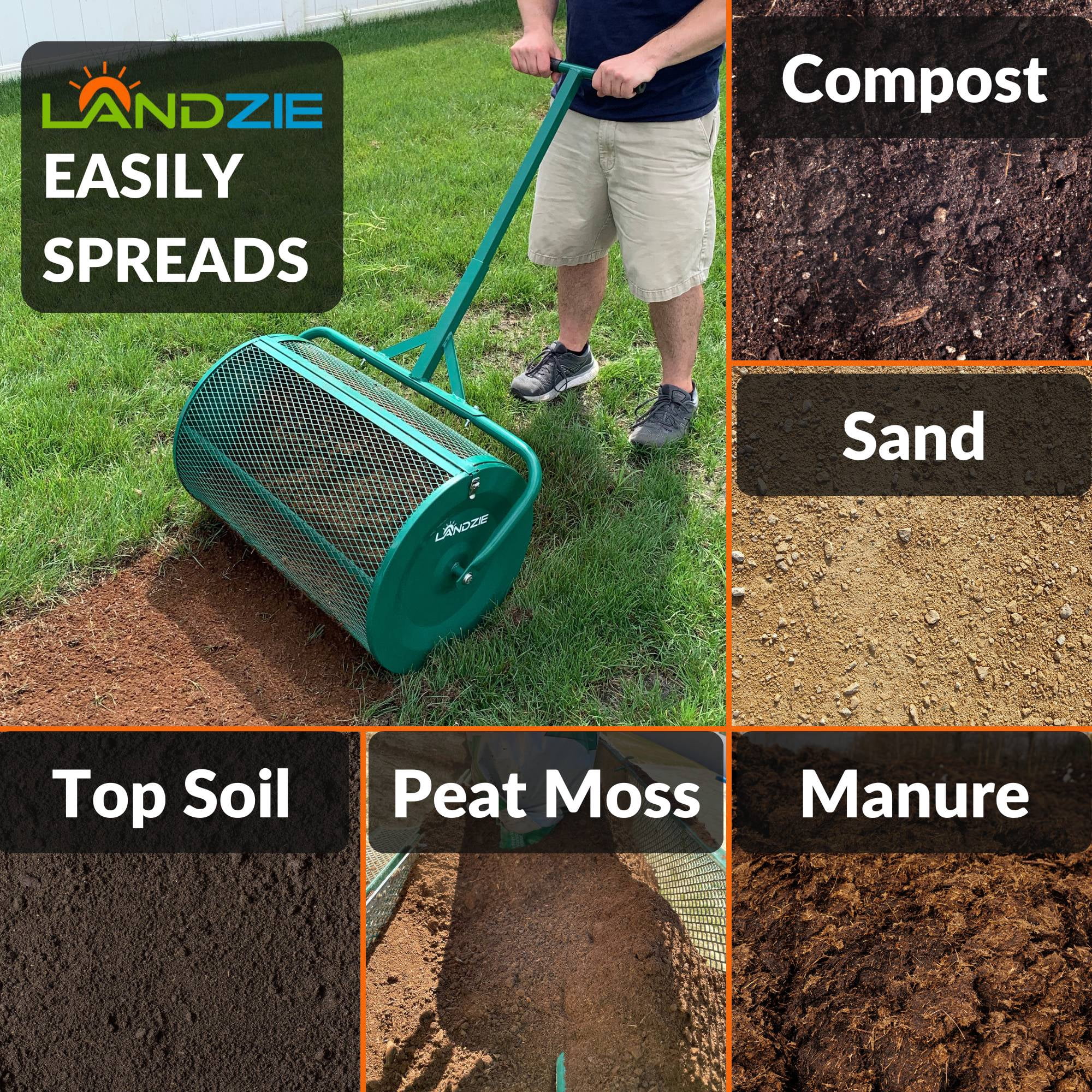 Landzie Spreader & Weeder Lawn & Garden Care Set - 24" Compost & Peat Moss Spreader w/ 44" Long Steel Stand up Manual Weeder - Easily Weed Grass & Apply Compost, Peat Moss, Topsoil, Sand