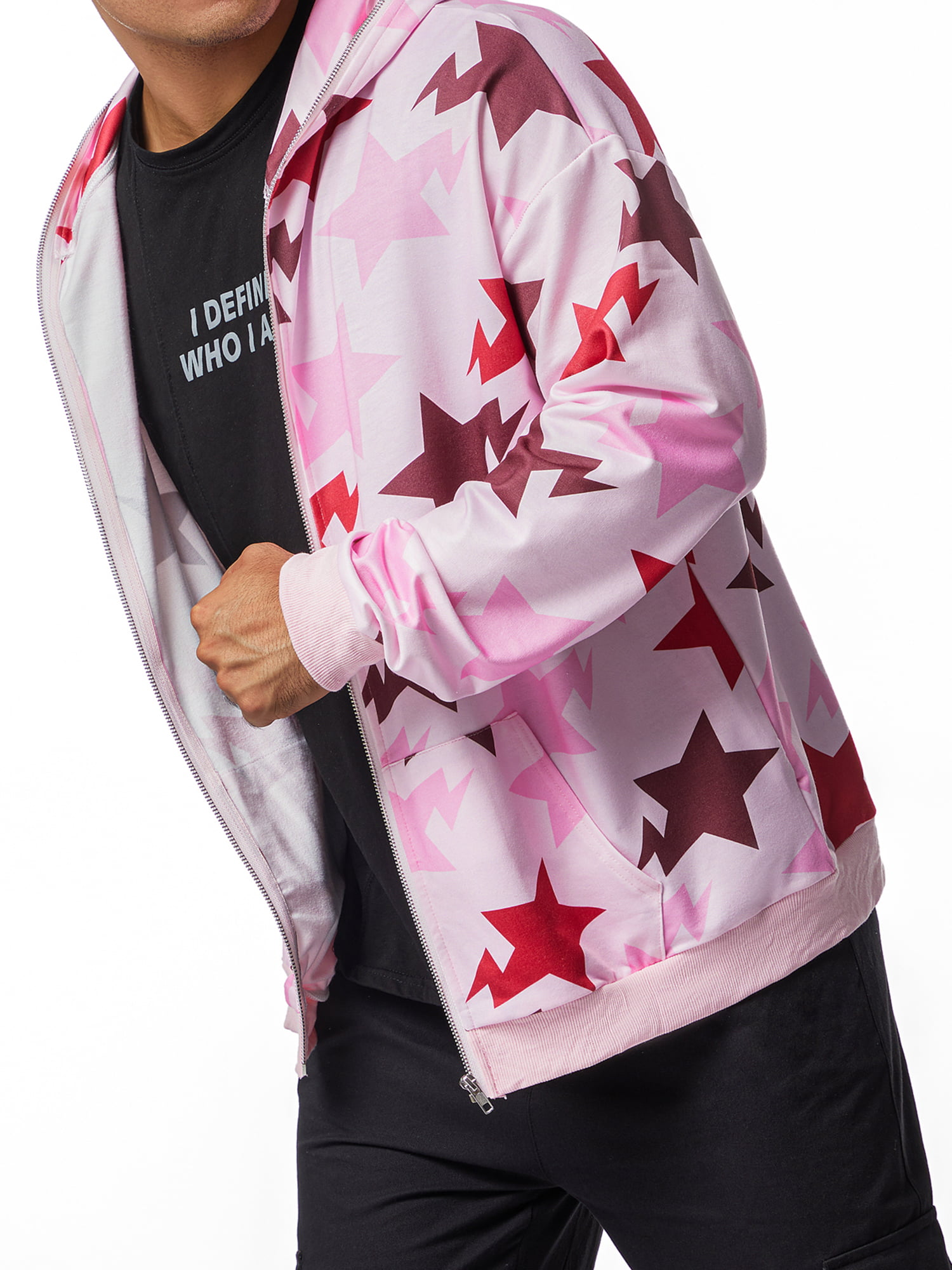 wybzd Men Stars Print Long Sleeve Hooded Sweatshirt 2000s Aesthetic Clothes  Zip Up Streetwear Fairycore Grunge Jacket Pink XL 