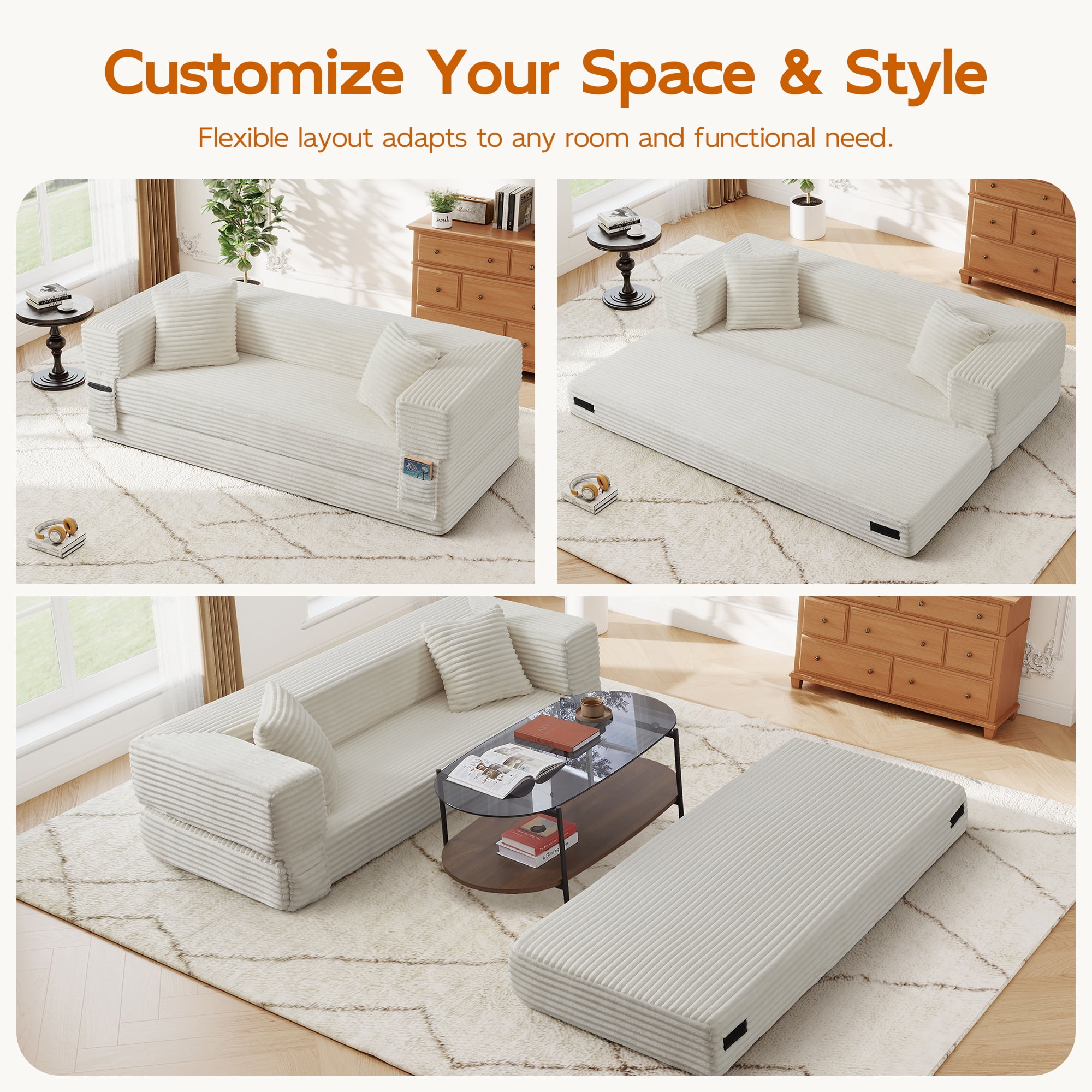 Aukfa 78.7" Corduroy Convertible Sofa Bed, Boneless Sleeper Sofa Couch for Living Room Apartment,Beige