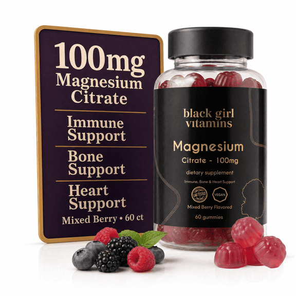Black Girl Vitamins Magnesium Citrate Gummies | 100mg Magnesium Supplement for Sleep, Muscle & Bone Support | Vegan, Gluten-Free | 60 Count (Mixed Berry, 2-Month Supply)