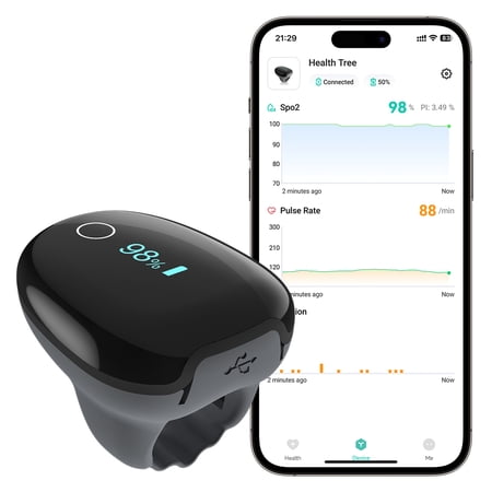 HealthTree Fingertip Pulse Oximeter device for tracking oxygen levels during activities like hiking, running, and cycling. Perfect for monitoring performance during various sports