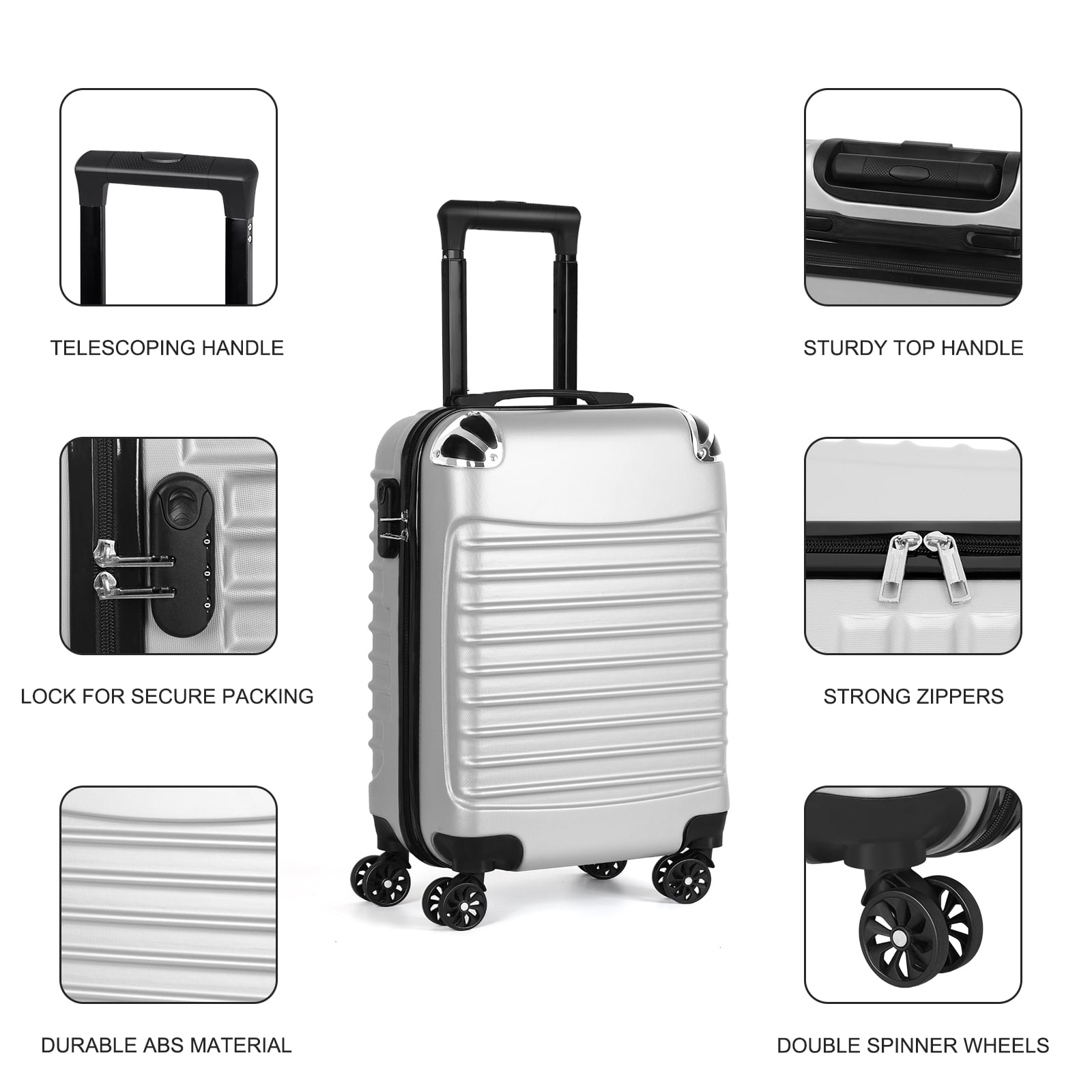 Horizontal Stripe Luggage Travel Sliding Wheels 20" Silver