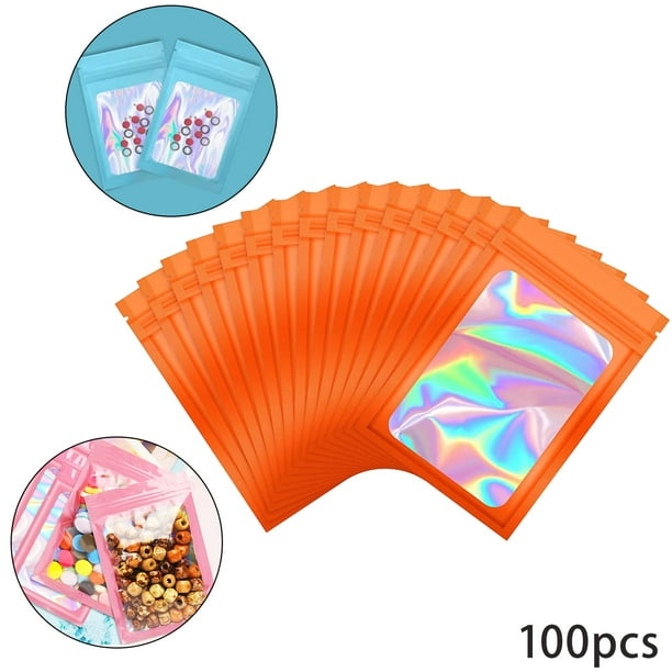 100 Piezas de Prueba de Olores Mylar, Bolsas de Embalaje Holográficas con Ventana Transparente para Cosméticos, Electrónica, Flores Secas, Co naranja perfecl Bolsas de Mylar a prueba de olores