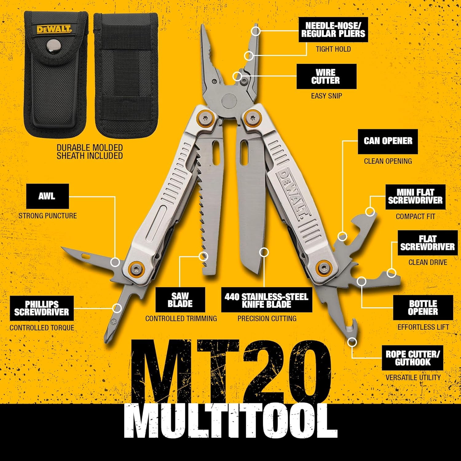 DEWALT 12-in-1 Multi-Tool with Pliers, Knife, Saw, Screwdrivers, Bottle & Can Opener