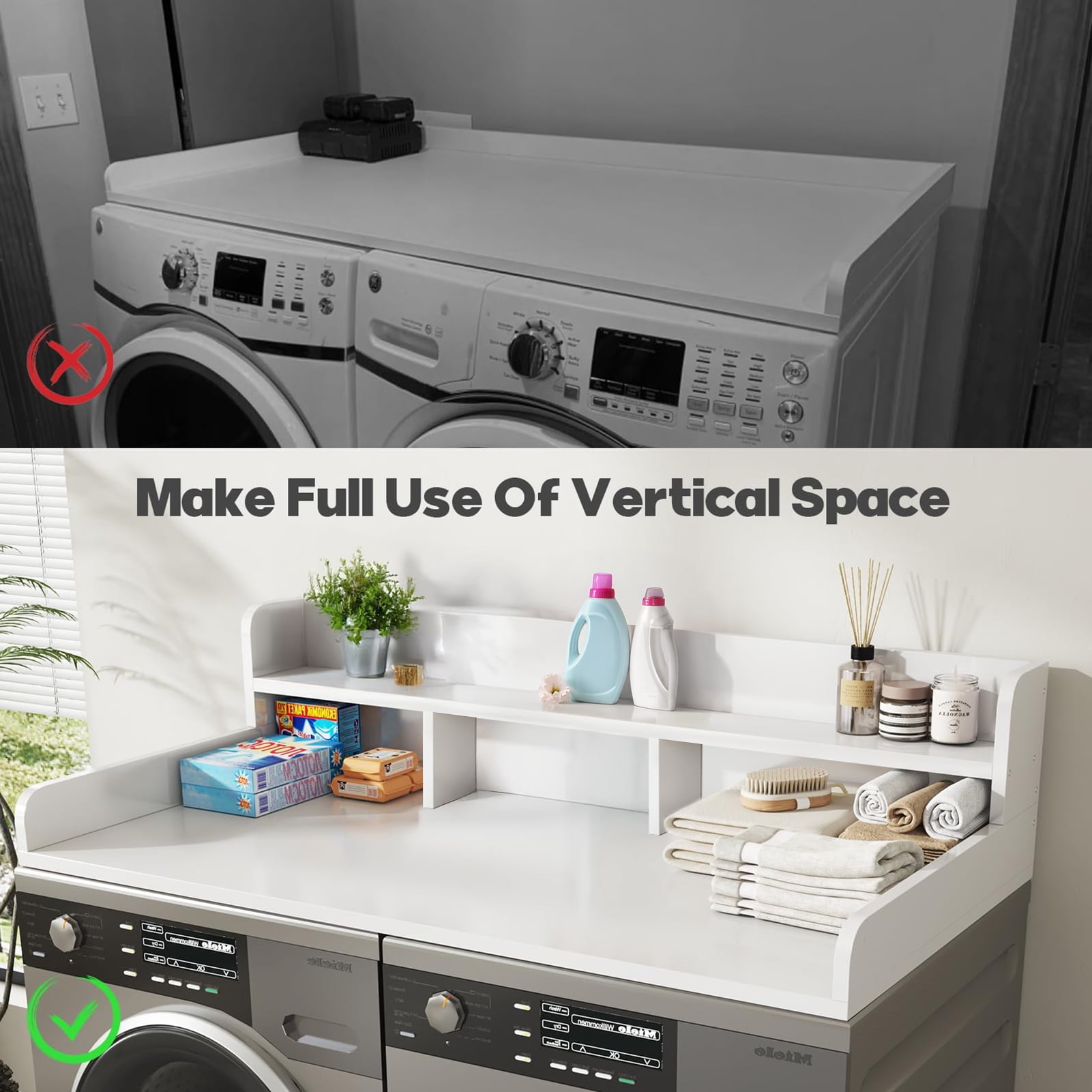 Roninkier Washer Dryer Countertop, Laundry Wood Shelf Topper, 54" x 27.5" Depth Double Layer Organizer
