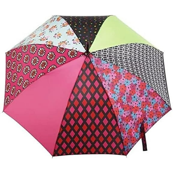 Totes Auto Open Umbrella Wooden Handle, Upcycled Patchwork - 9721 (U47)