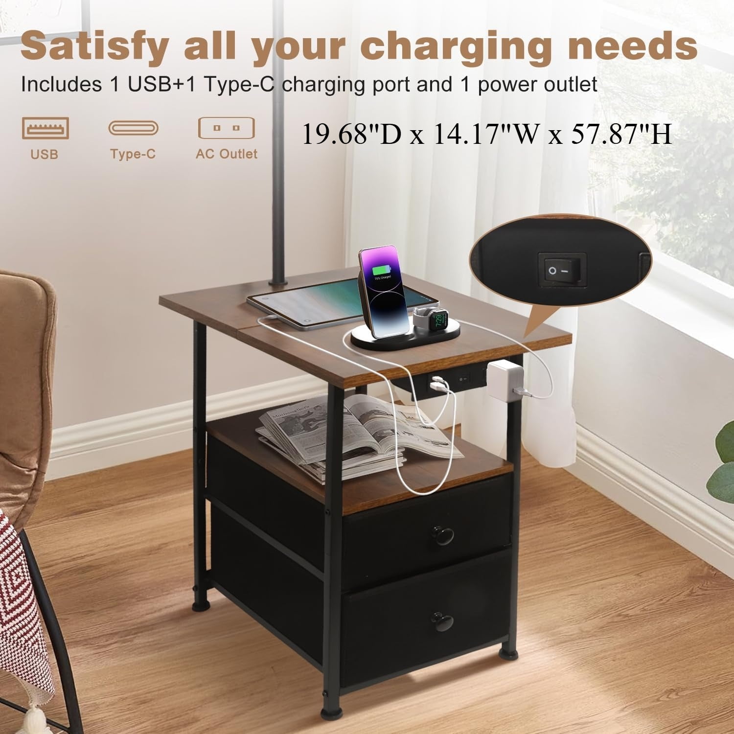 Floor lamp with table and 2 drawers, side table with reading light in 3 colour temperatures