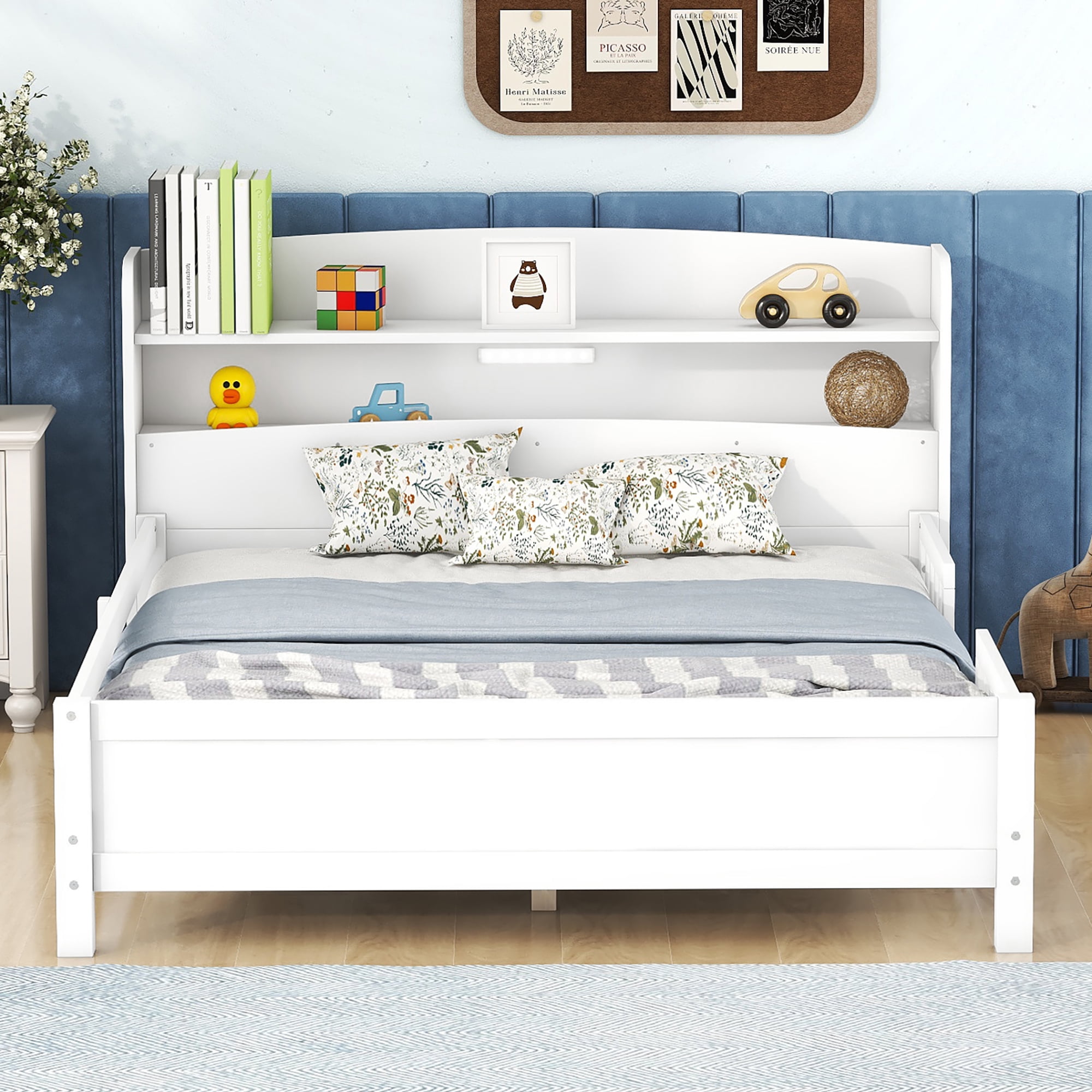Euroco Wood Full Size Platform Bed with Storage Headboard and LED Light, White