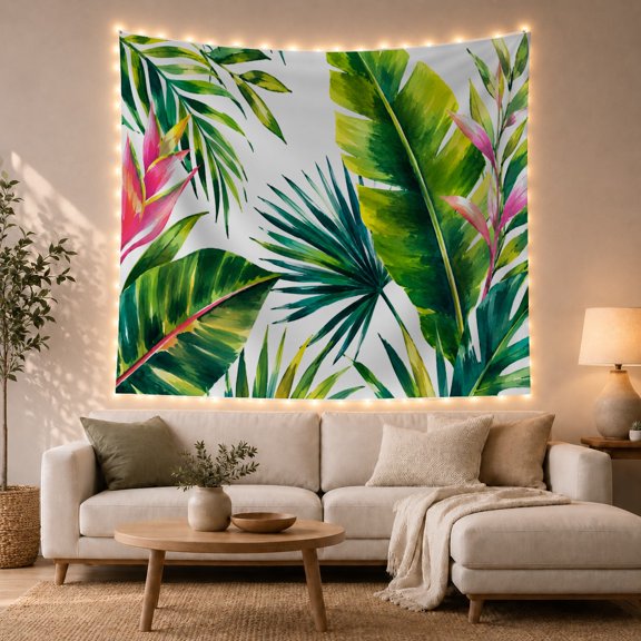 Lush Tropical Botanicals on Off-White Background, Energetic Watercolor Style for Nature Lovers, Vibrant Botanical Wall Art, Housewarming Gift Tapestry Wall Hanging for Living Room and Bedroom