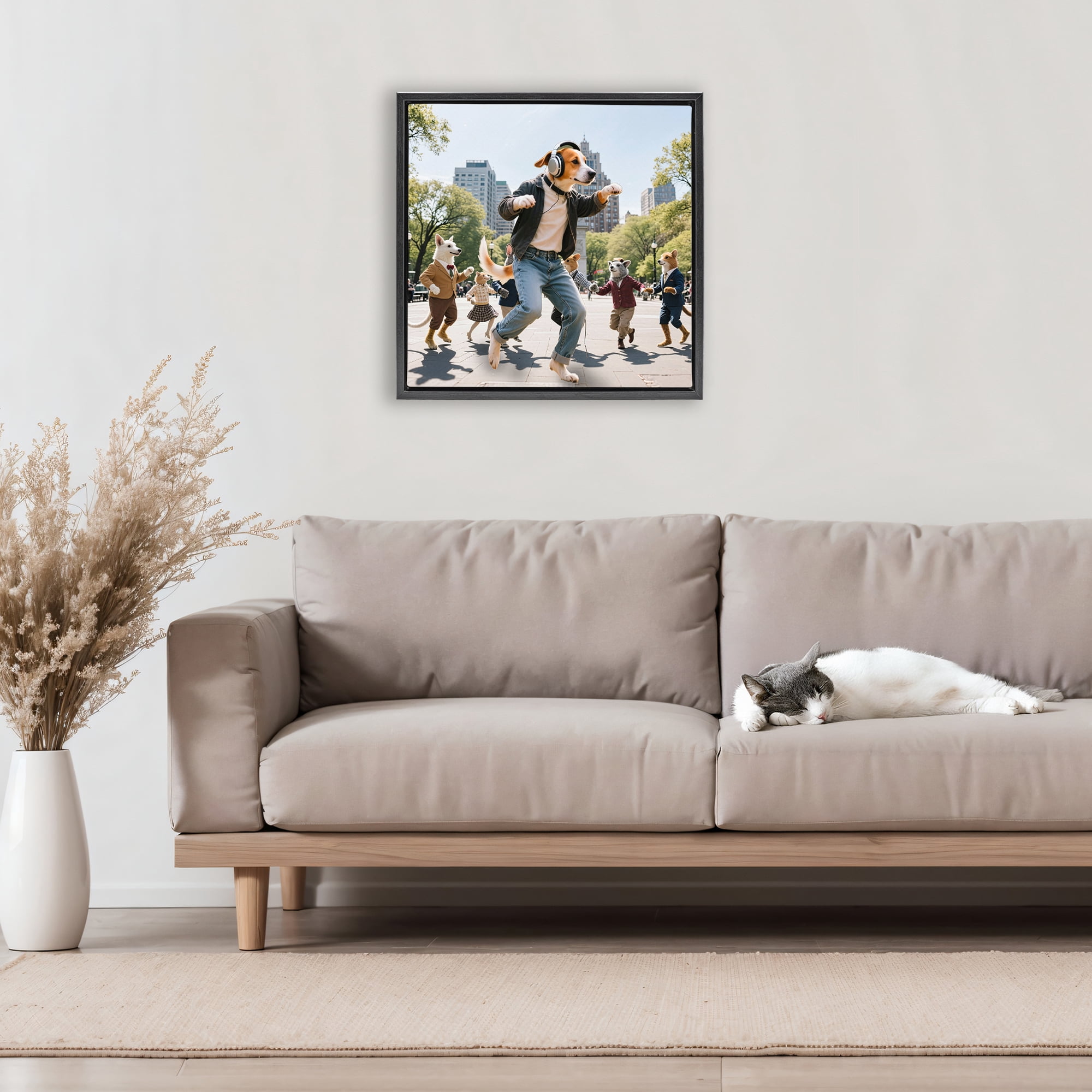 Stupell Industries Stylish Dog Dancing in Park Black Framed Floater Canvas Wall Art, design by CAD Designs