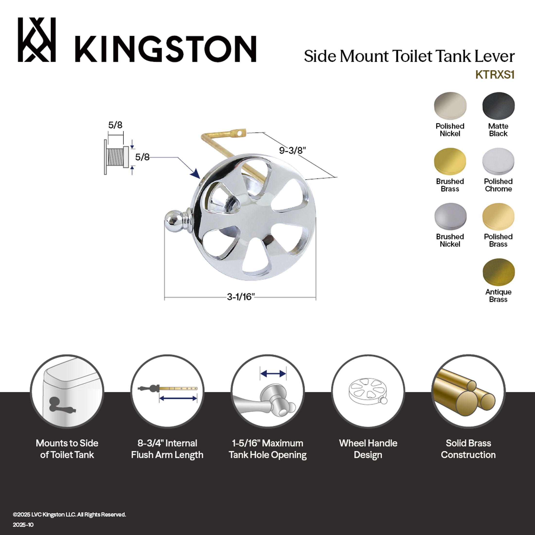 Kingston Brass KTRXS7 Belknap Side Mount Toilet Tank Lever in Brushed Brass