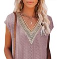 thumbnail image 2 of Blusa de mujer con escote en V y detalle de encaje, color rosa raíz de loto, mangas cortas, transpirable y cómoda, talla M Summer Chic, 2 of 5