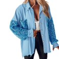 thumbnail image 2 of Unir Oversized Sequin Sleeve Denim Jacket for Women, Frayed Edge Button Down, Casual Everyday Long Sleeve Outerwear, 1 Piece, S-XXL, Plus Size Friendly, 2 of 5