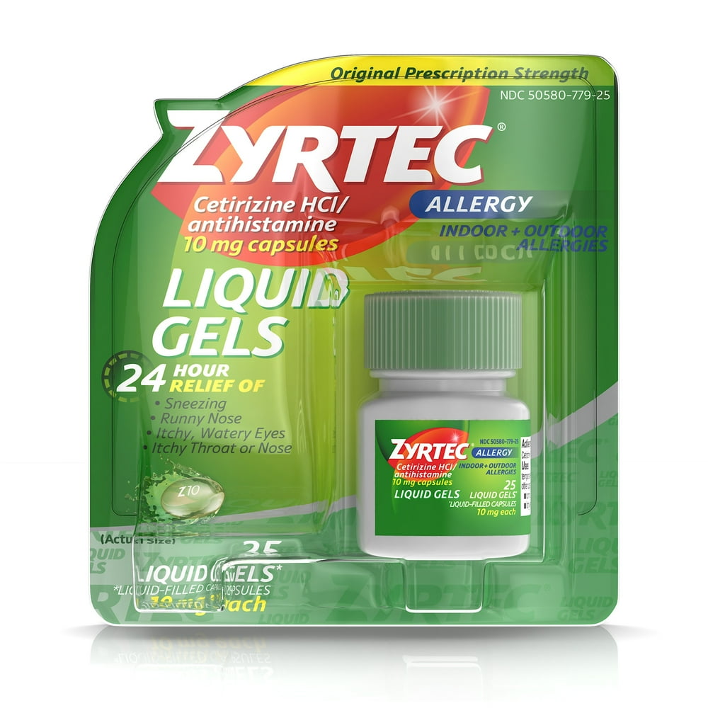 Zyrtec allergy liquid gels, 10 mg capsule, 25 count part no. 020425 (1