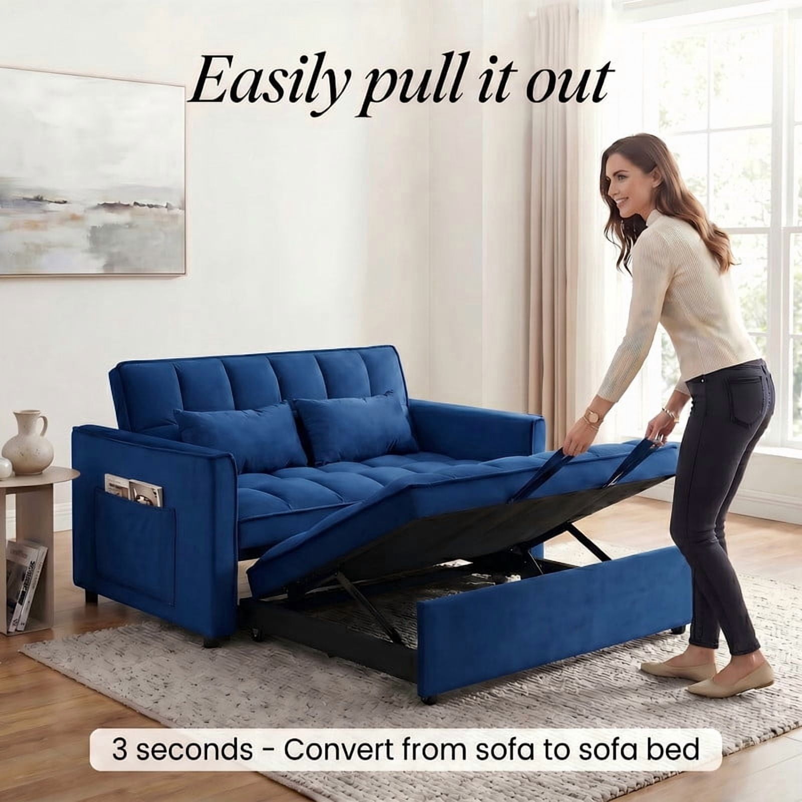 Gewnee 55" Sofa Bed, Convertible Sleeper Sofa & Pull Out Couch, 3-in-1 Velvet Loveseat with Adjustable Backrest and Storage Pocket, Blue