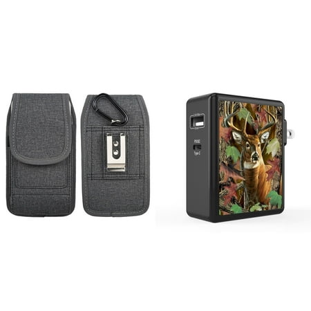 Holster and Wall Charger Bundle for Samsung Galaxy A53 5G: Vertical Belt Pouch Case Nylon Fabric (Grey) and 45W Dual USB Port PD Power Delivery Type-C and USB-A Power Adapter (Deer Hunter Camo)
