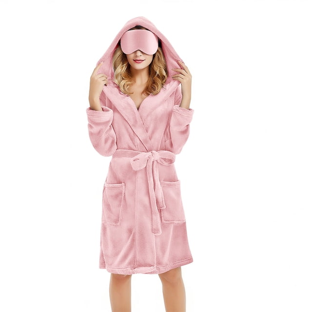 Women's Plush Fleece Hooded Knee Length Robe Set, Soft Bathrobe with Pockets and Sleep Mask, Cozy Loungewear, Warm Spa Robe with Adjustable Belt, Matching Eye Mask Included Pink L