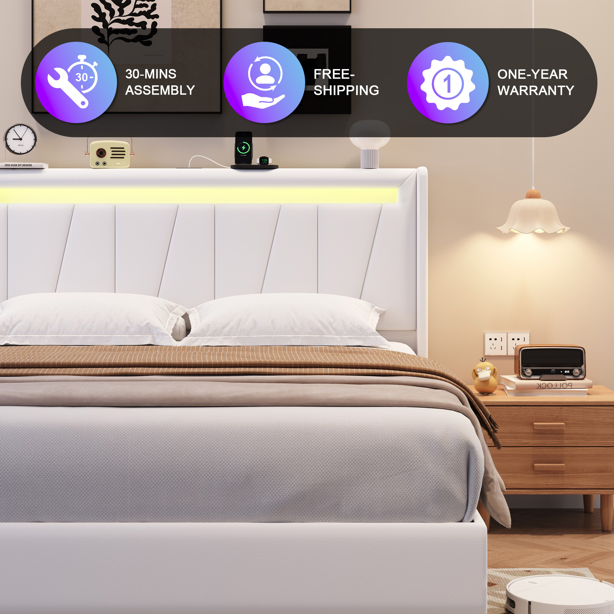 Amolife Full Size Bed Frame with Charging Station & LED Light, Velvet Upholstered Platform Bed with Geometric Wingback Headboard, White