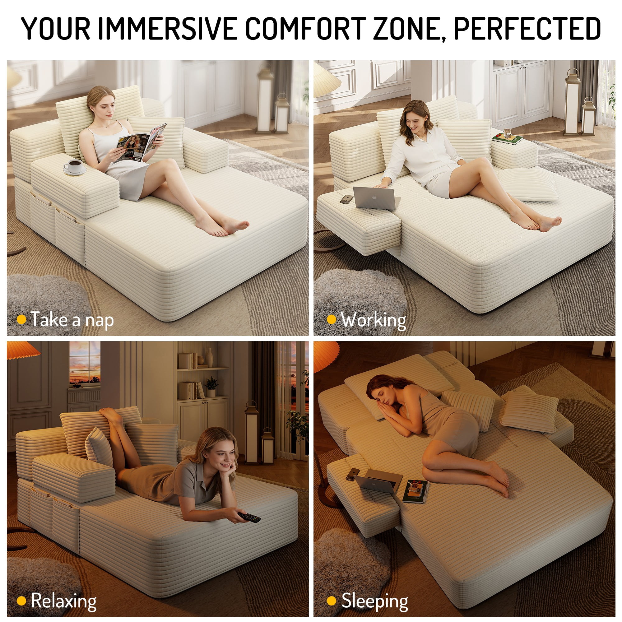 Aukfa Chaise Lounge Chair Indoor, Oversized Corduroy Boneless Sleeper Sofa Bed with Storage Pockets, Adjustable Backrest&3 Pillows, Reading Couch for Living Room Apartment, Beige