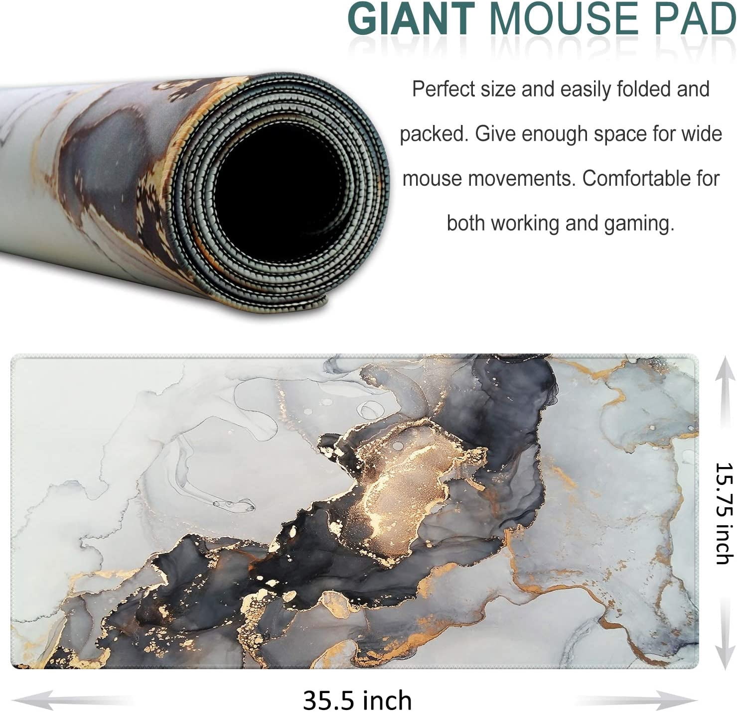 Extended Gaming Mouse Pad, 35.5x15.75 Non-Slip Large Desk Pad Mousepad with Stitched Edges Waterproof Keyboard Mouse Mat Desk Protector for Game, Office and Home, Ink Marble