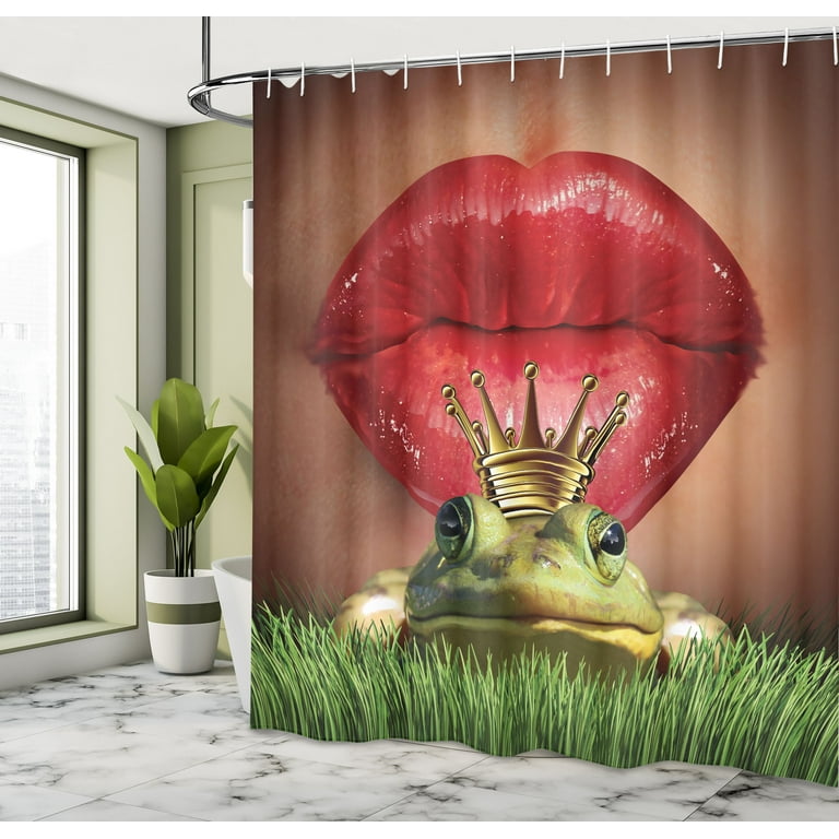 Ambesonne King Shower Curtain, Frog Prince on Moss Stone, 69Wx70L, Forest  Green and Yellow 