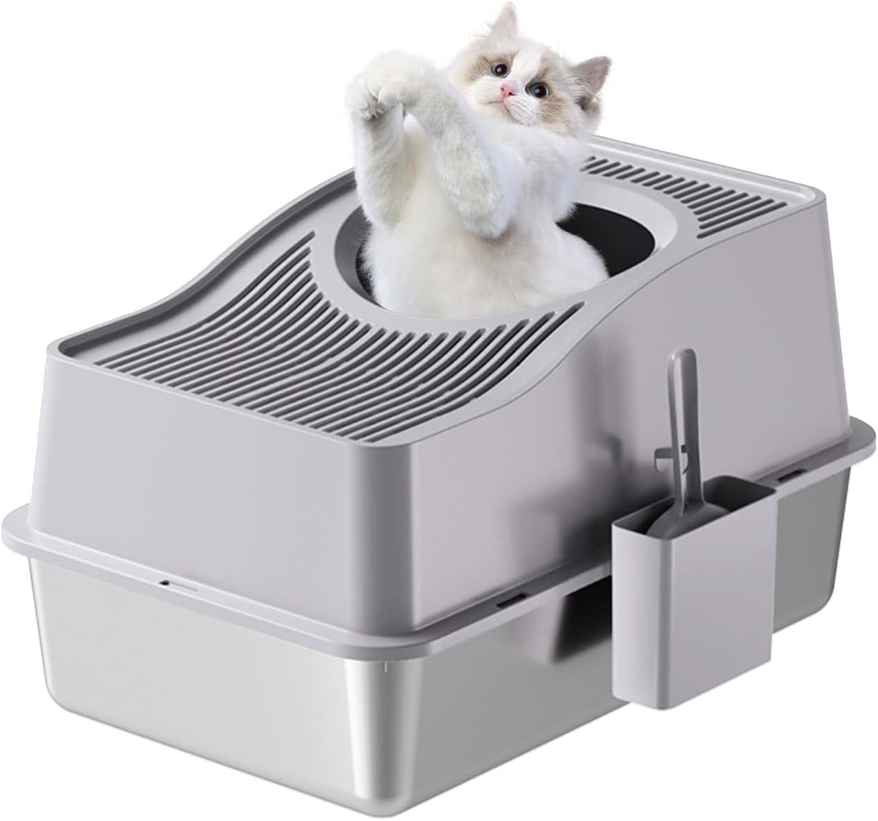 Rugerasy Stainless Steel Litter Box with Lid,Extra Large High Sided Cat Litter Trays,Enclosed Litter Box with Cat Litter Mat and Scoop,Easy Clean Detachable,Gray Basin 20 high