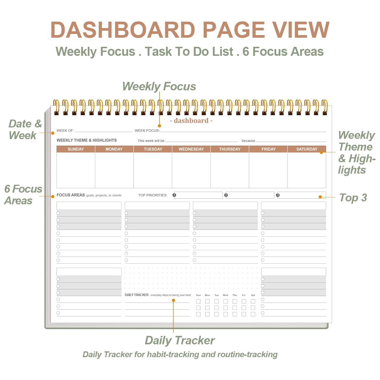 Weekly productivity planner, 8.5 x 11 undated desk notepad with 6 focus areas, goal tracking, project management, meal planning, 54 weeks, green