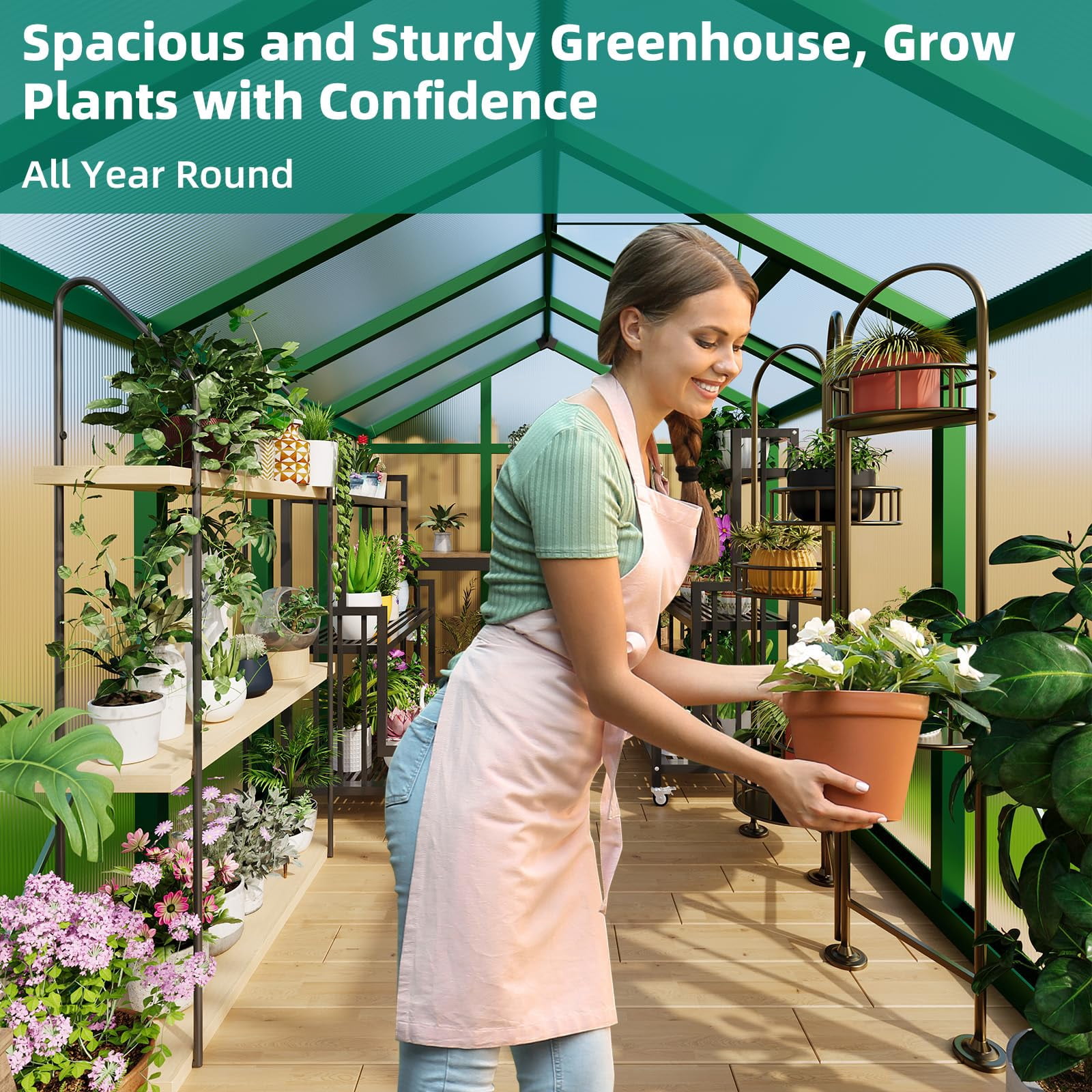 Luku 6x10 FT Walk-In Greenhouse, Heavy Duty Aluminum Frame & PET Panels, Outdoor Garden Greenhouse with Drainage System