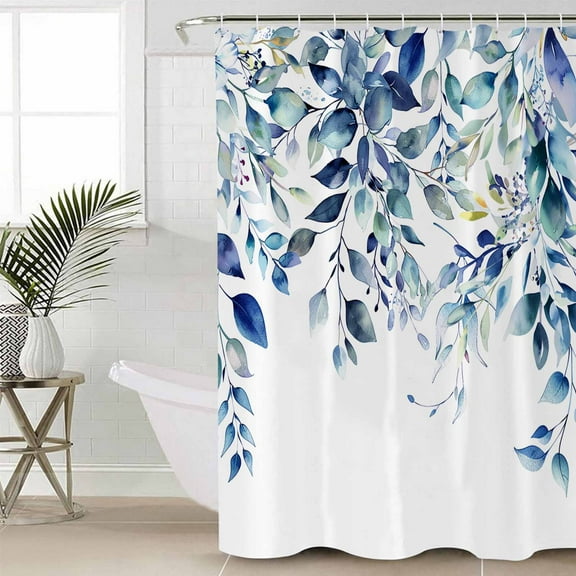 Blue Teal Eucalyptus Leaves Waterproof Fabric Shower Curtain, Watercolor Weeping Botanical Shower Curtain for Bathroom Curtains Bathtubs Hotel Washable Shower Curtains with 12 Hooks Standard 66x72