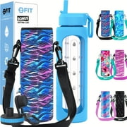 32 oz Glass Water Bottle with Time Marker Reminder + Carrier - Reusable, Wide Mouth, Leakproof, Glass Drinking Bottle, BPA Free, Motivational Water Bottles (Blue, Black Waves Carrier)