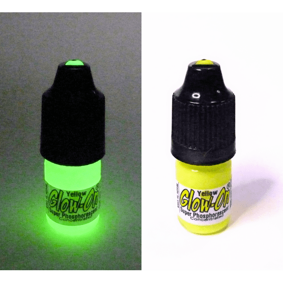 Glow On Super Phosphorescent Paint With Tip Applicator, Yellow Color, Green Glow, Small 3 ml Bottle.