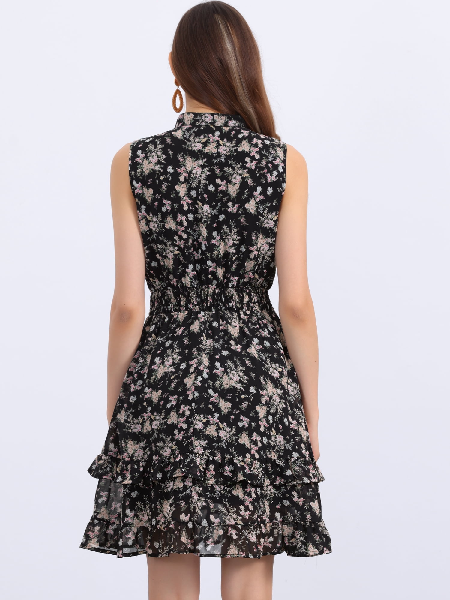 DARING DIVA Women's Floral Chiffon Smocked Mini Sleeveless A-Line Dress L Black-Floral