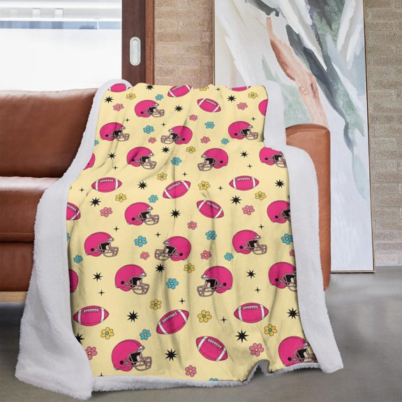 Football Flower Pink Pattern Soft Sherpa Fleece Throw Blanket, Warm Cozy Plush Blanket for Sofa Bed Couch, All Season, 60"x80"