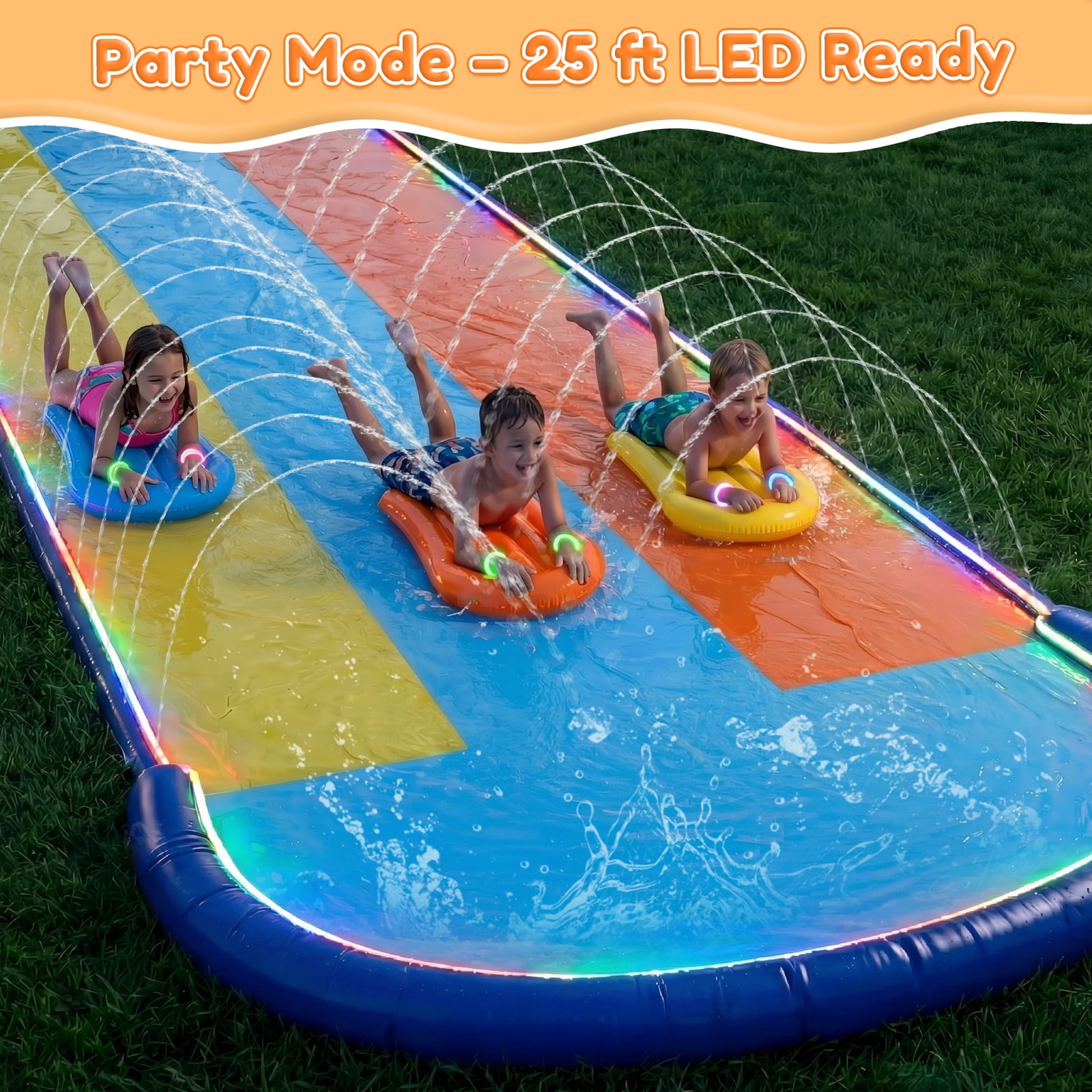 Teblint 22.3FT Triple Lawn Water Slides, Heavy Duty Water Slip Splash Pad with Built in Sprinkler & 3 Bodyboards for Backyard Outdoor Water Fun Toys for Kids Adults