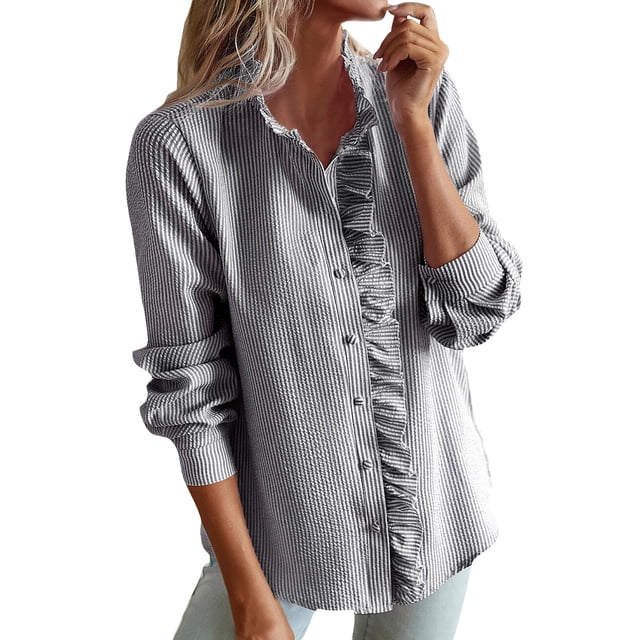 Blusa de mujer con estampado de rayas y cuello en V: camisa holgada de manga larga, versátil para ocasiones informales o de trabajo