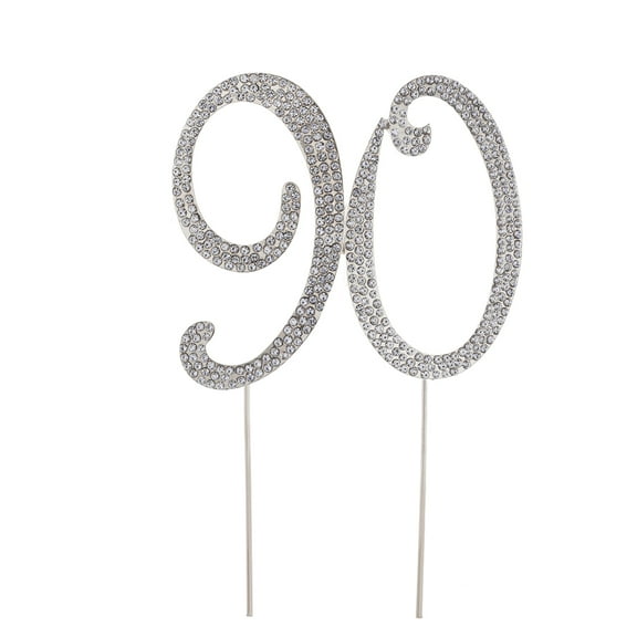 Hemoton 90 Cake Topper for 90th Birthday Party or Anniversary Crystal Rhinestones Decorative Cake Topper for Party Supplies (Silver)