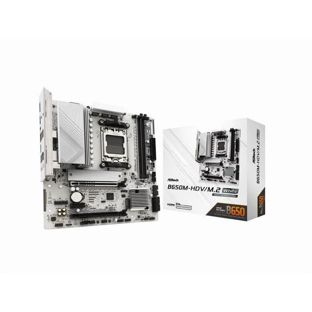 ASRock B650M-HDV/M.2 White AM5 AMD B650 Micro ATX Motherboard displayed at an angle alongside its retail packaging. Features include support for AMD Socket AM5 Ryzen 9000, 8000, and 7000 Series Processors, 8+2+1 power design with Dr.MOS, and dual DDR5 DIMMs supporting up to 8200+ (OC). Includes 1 PCIe 5.0 x16, 1 PCIe 4.0 x16, 1 PCIe 4.0 x1, and 2 M.2 slots (Blazing PCIe Gen5x4 and Hyper PCIe Gen4x4). Offers HDMI and DisplayPort outputs, Realtek ALC897 7.1 CH HD Audio Codec, and Realtek 2.5G LAN. Multiple USB ports include USB 3.2 Gen2 Type-C, USB 3.2 Gen1, and USB 2.0. Supports BIOS Flashback.